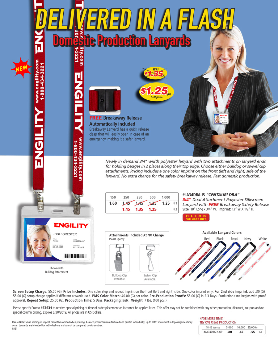 #LA34DBA Dual Attachment Polyester Silkscreen Lanyard with FREE Breakaway Release
