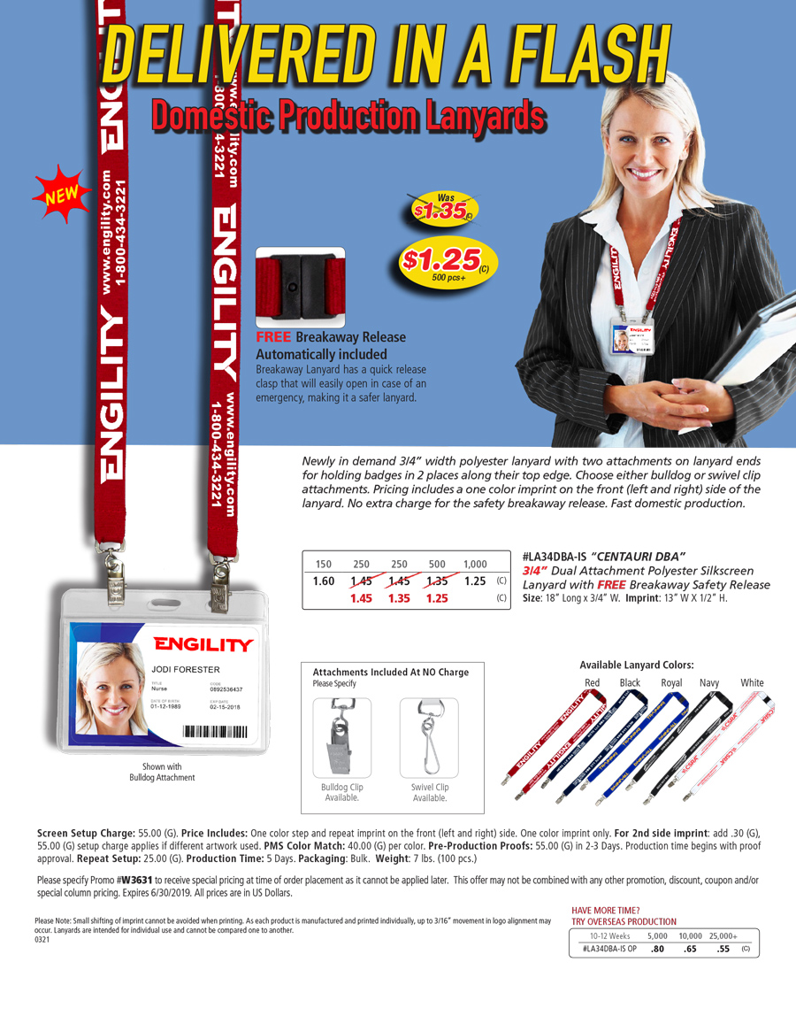 #LA34DBA Dual Attachment Polyester Silkscreen Lanyard with FREE Breakaway Release