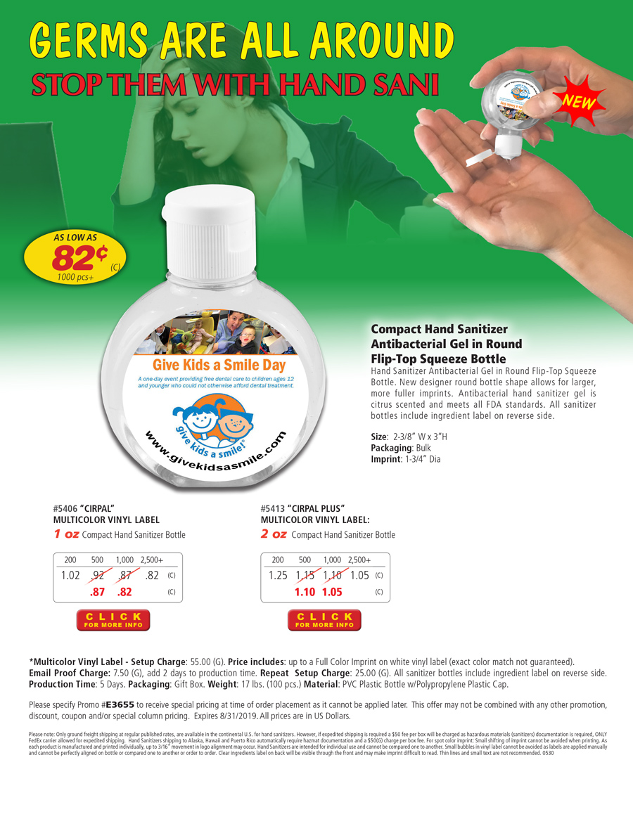 5406 5413 4 Color Imprint Compact Hand Sanitizer Antibacterial Gel in Round Flip-Top Squeeze Bottle