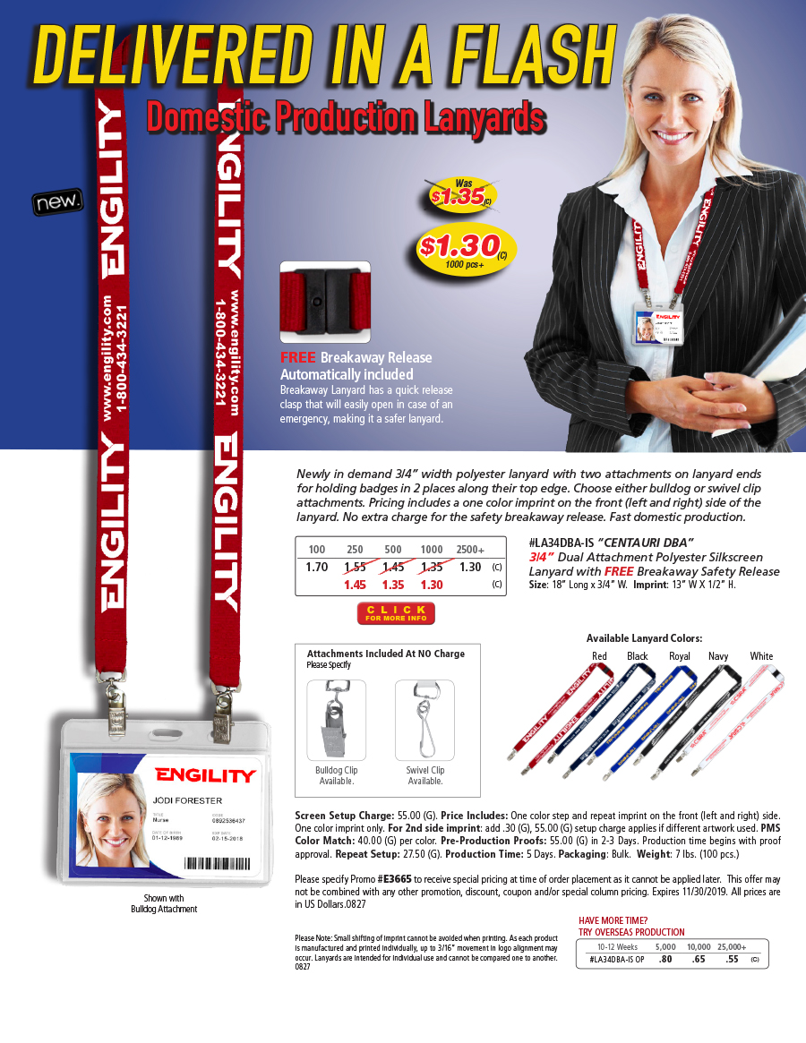 #LA34DBA Dual Attachment Polyester Silkscreen Lanyard with FREE Breakaway Release