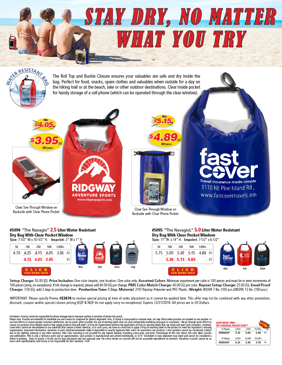 5094 5095 Water Resistant Dry Bag With Clear Pocket Window