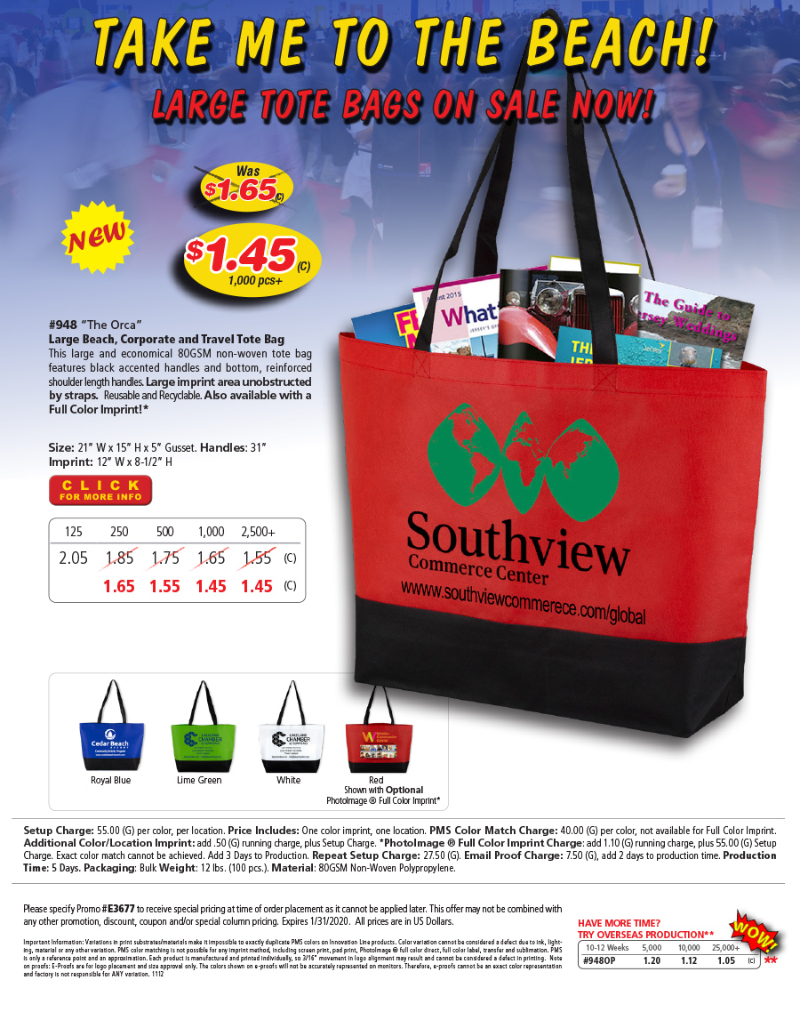 948 Large Beach, Corporate and Travel Tote Bag