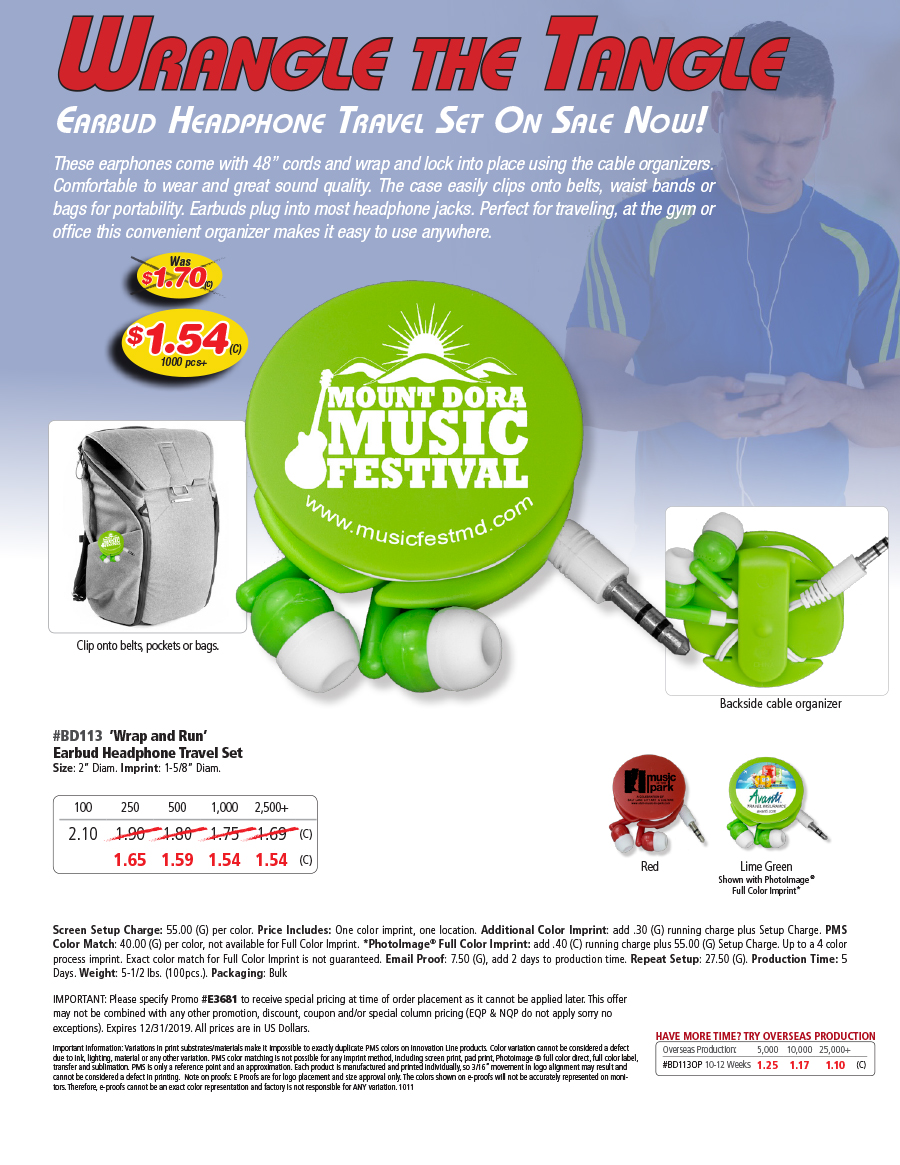 BD113 Wrap and Run Earbud Headphone Travel Set