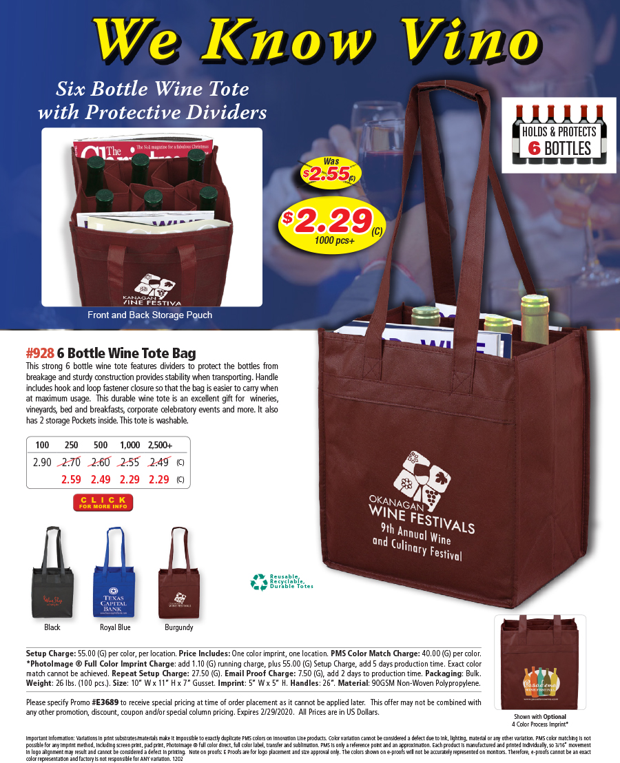 928 90GSM Non-Woven 6 Bottle Wine Tote Bag