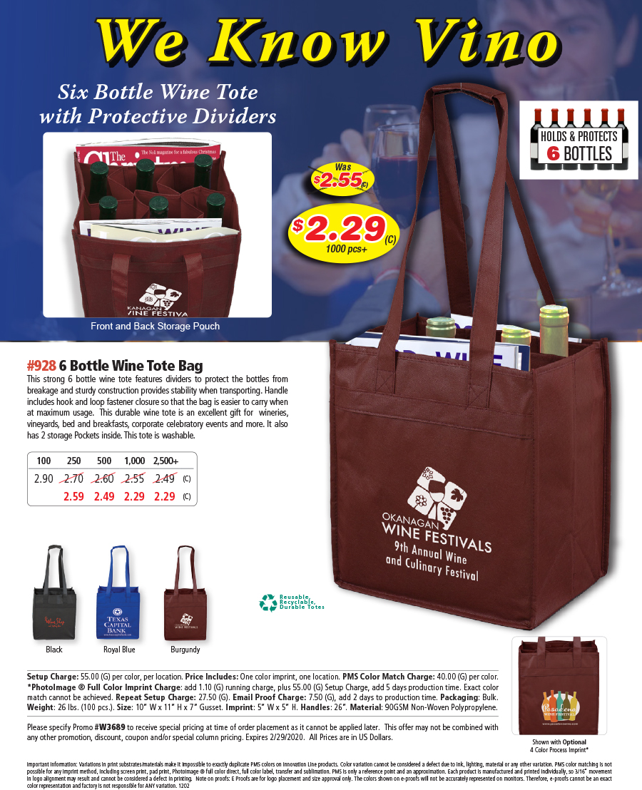 928 90GSM Non-Woven 6 Bottle Wine Tote Bag