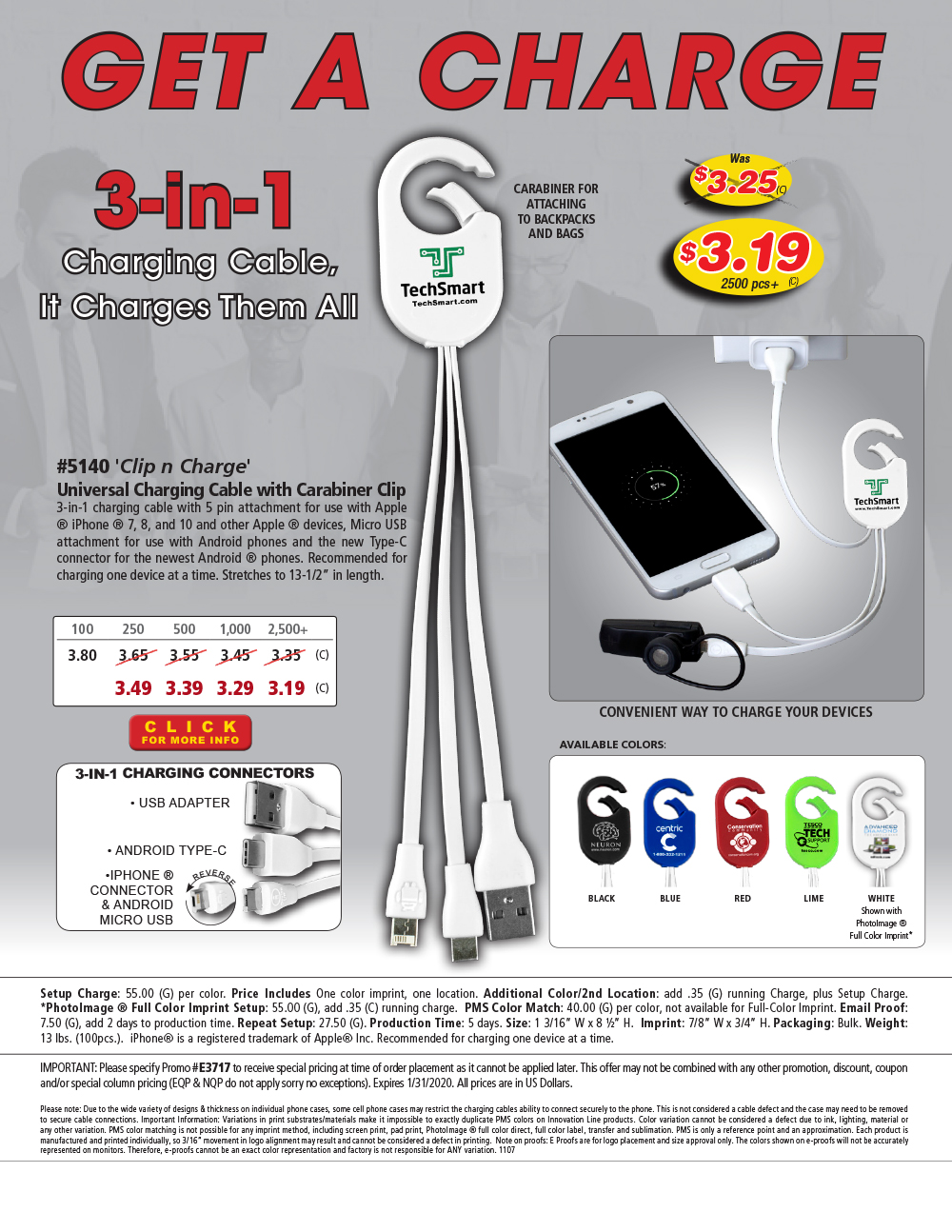 #5140 Weber 3-in-1 Charging Cable For Cell Phones and Tablets wiht Carabiner Type Spring Clip