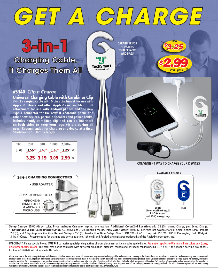 #5140 Weber 3-in-1 Charging Cable For Cell Phones and Tablets wiht Carabiner Type Spring Clip