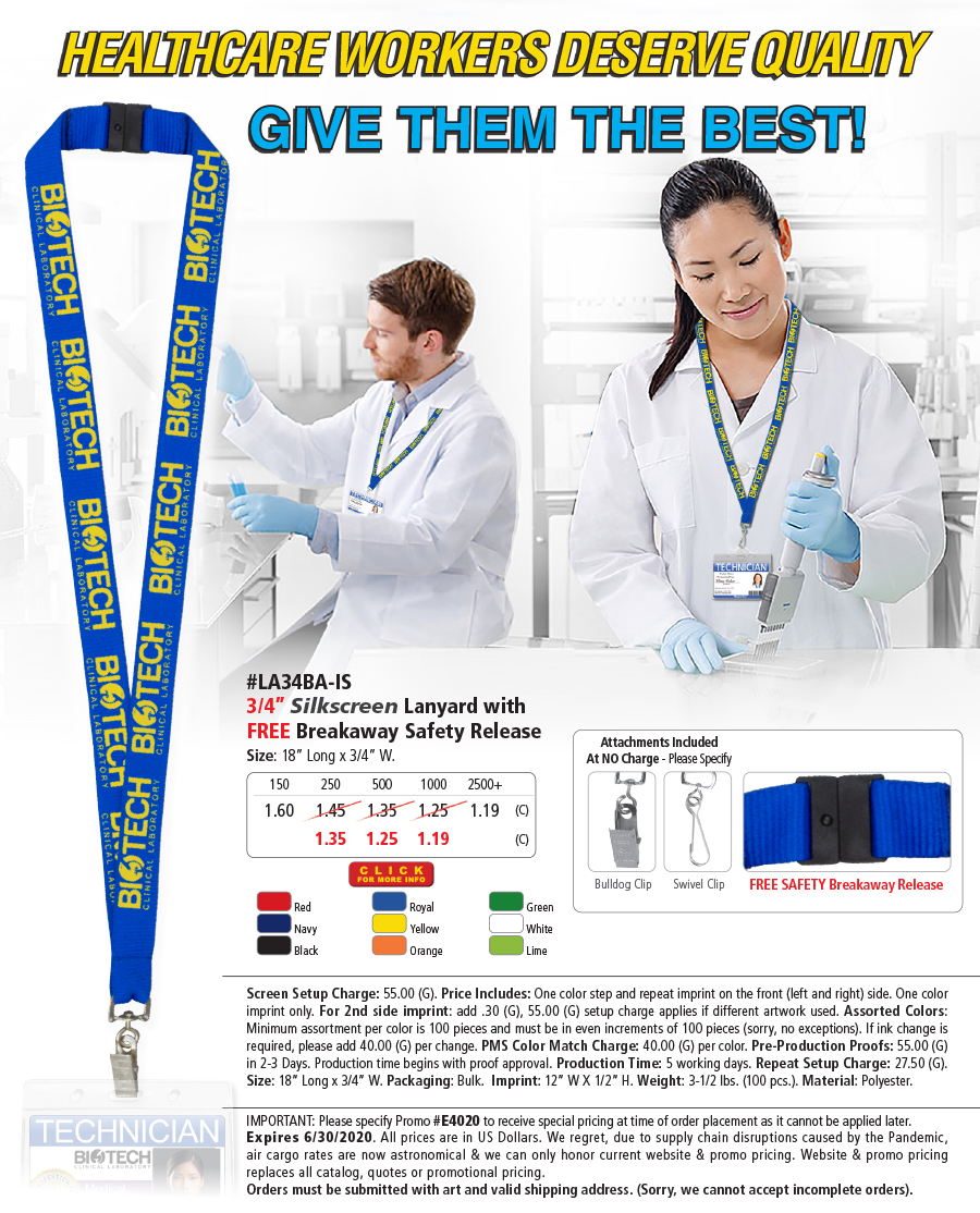 #LA34BA-IS 3/4� Silkscreen Lanyard with FREE Breakaway Release