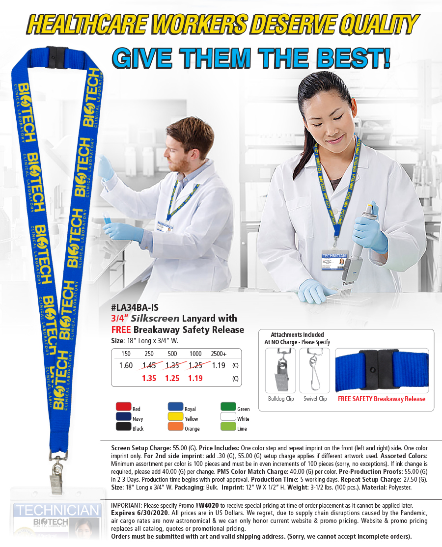 #LA34BA-IS 3/4� Silkscreen Lanyard with FREE Breakaway Release