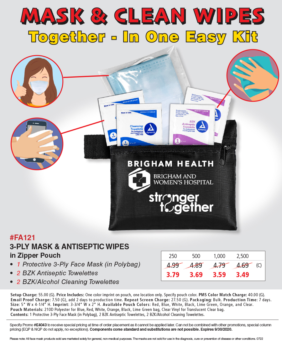 FA121 � 5 Piece Kit with 3-Ply Mask & Antiseptic Wipes in Zipper Pouch