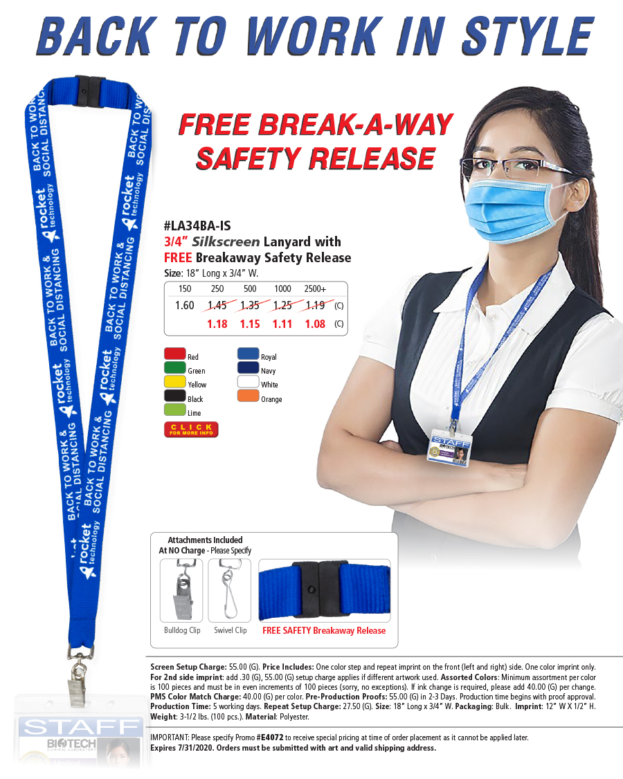 #LA34BA-IS 3/4� Silkscreen Lanyard with FREE Breakaway Release