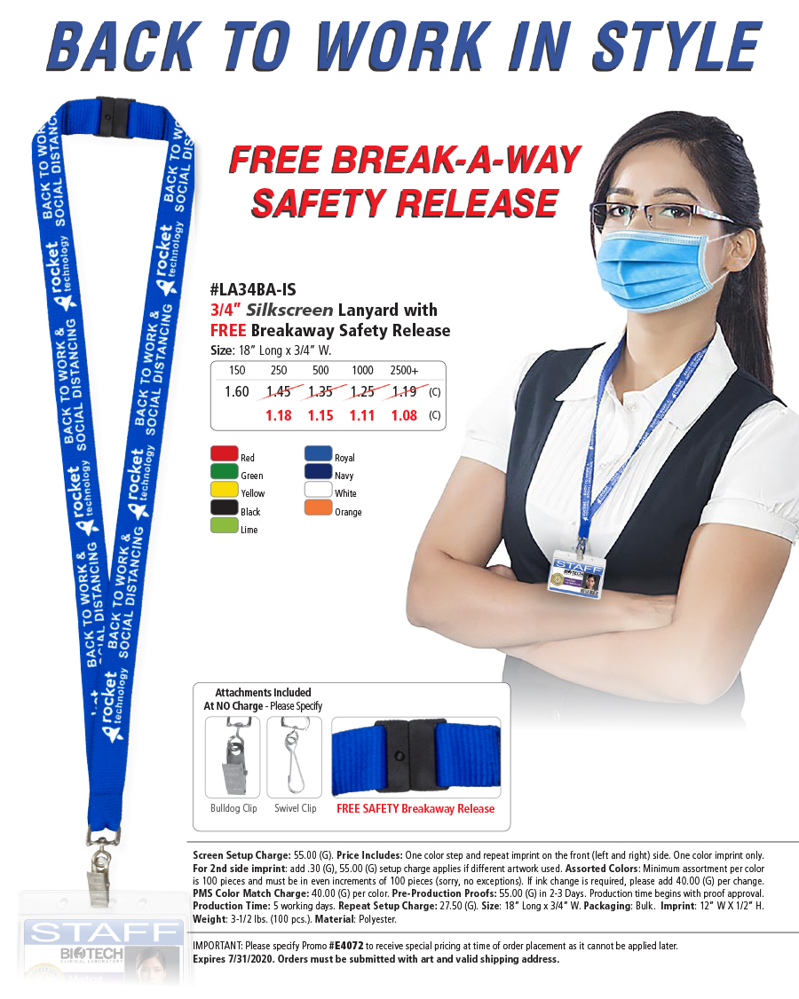 #LA34BA-IS 3/4� Silkscreen Lanyard with FREE Breakaway Release