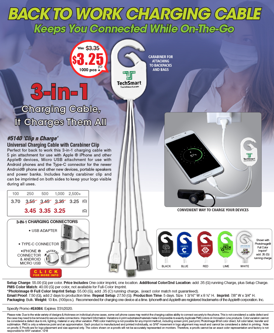#5140 Weber 3-in-1 Charging Cable For Cell Phones and Tablets wiht Carabiner Type Spring Clip