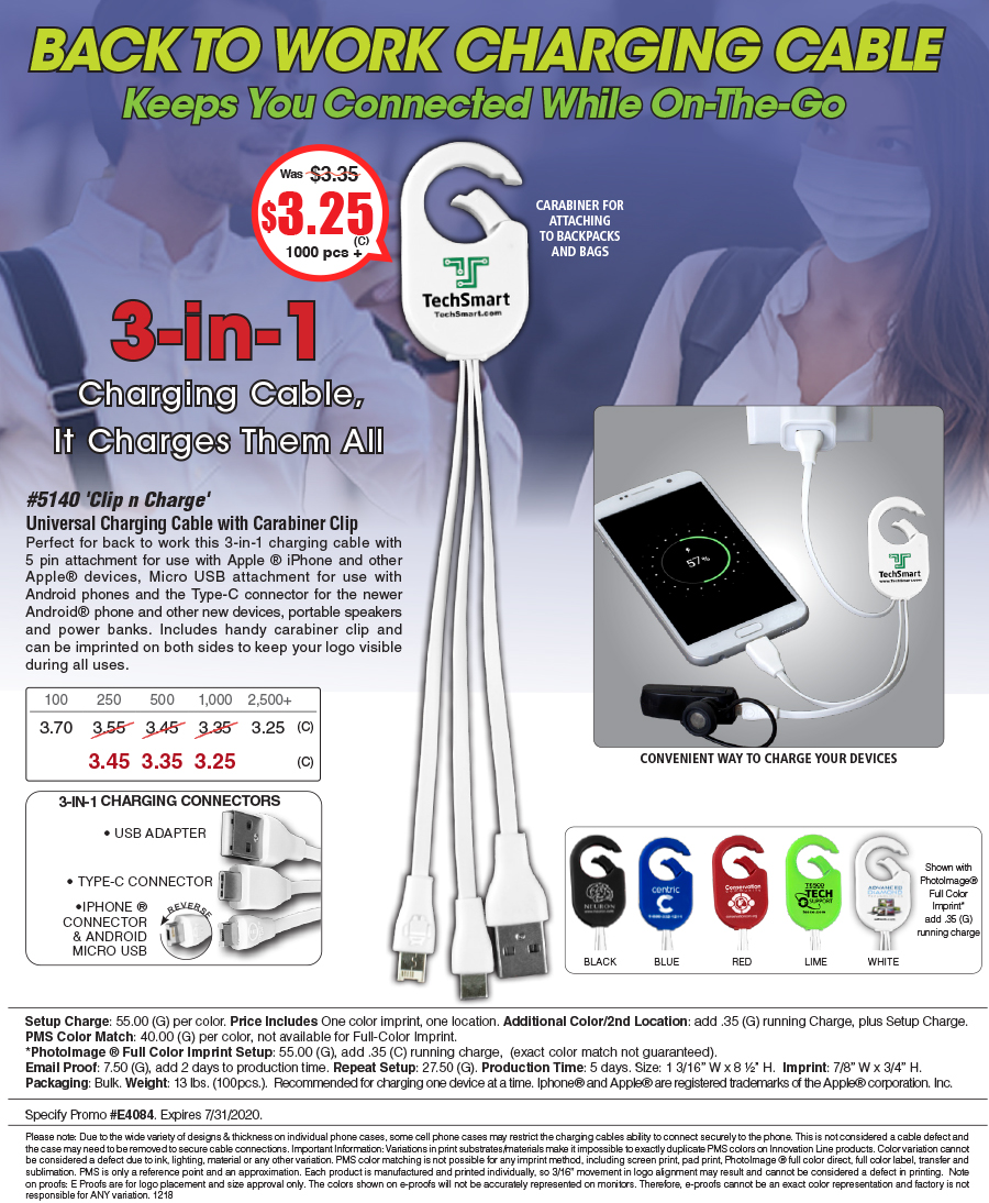 #5140 Weber 3-in-1 Charging Cable For Cell Phones and Tablets wiht Carabiner Type Spring Clip