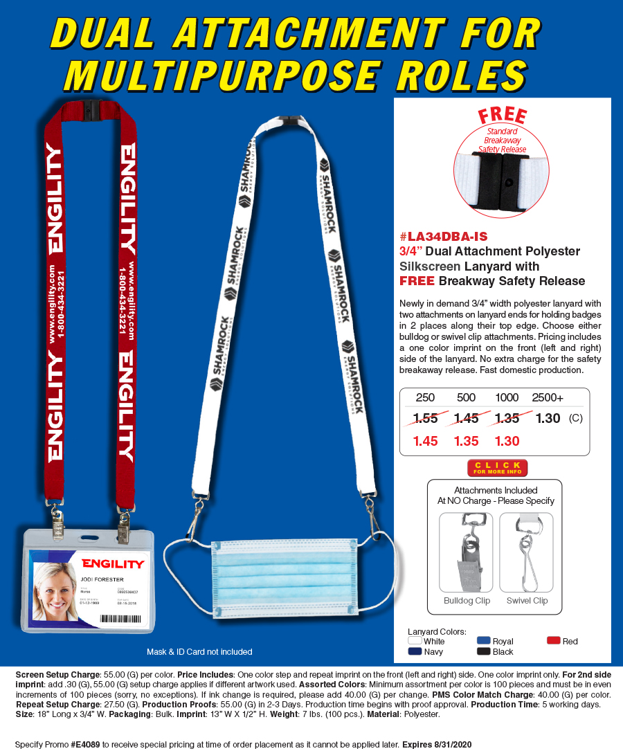 #LA34DBA-IS Dual Attachment Polyester Silkscreen Lanyard Mask Holder