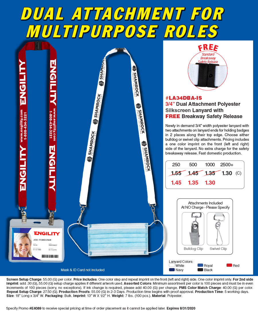 #LA34DBA-IS Dual Attachment Polyester Silkscreen Lanyard Mask Holder