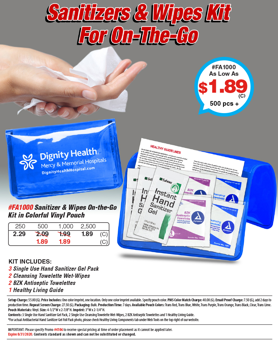 FA1000 Sanitizer & Wipes On-the-Go Kit in Colorful Vinyl Pouch