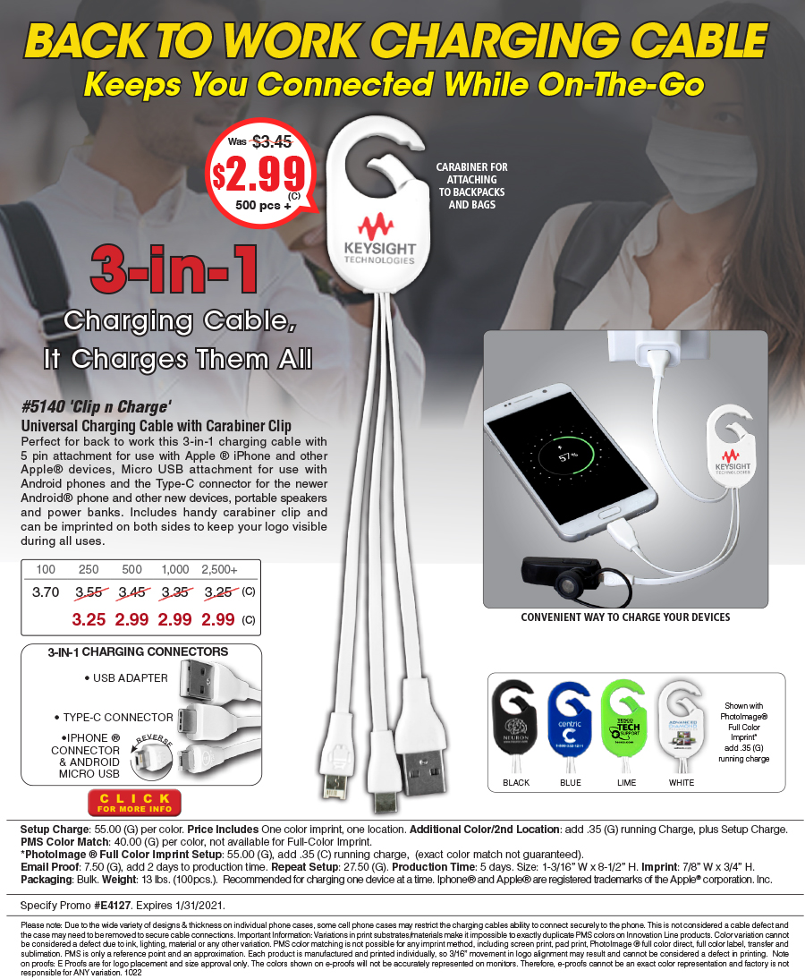 #5140 Weber 3-in-1 Charging Cable For Cell Phones and Tablets wiht Carabiner Type Spring Clip