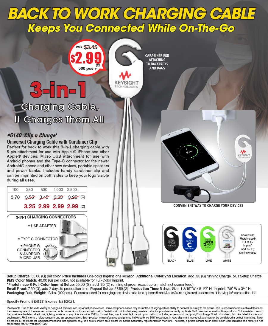 #5140 Weber 3-in-1 Charging Cable For Cell Phones and Tablets wiht Carabiner Type Spring Clip