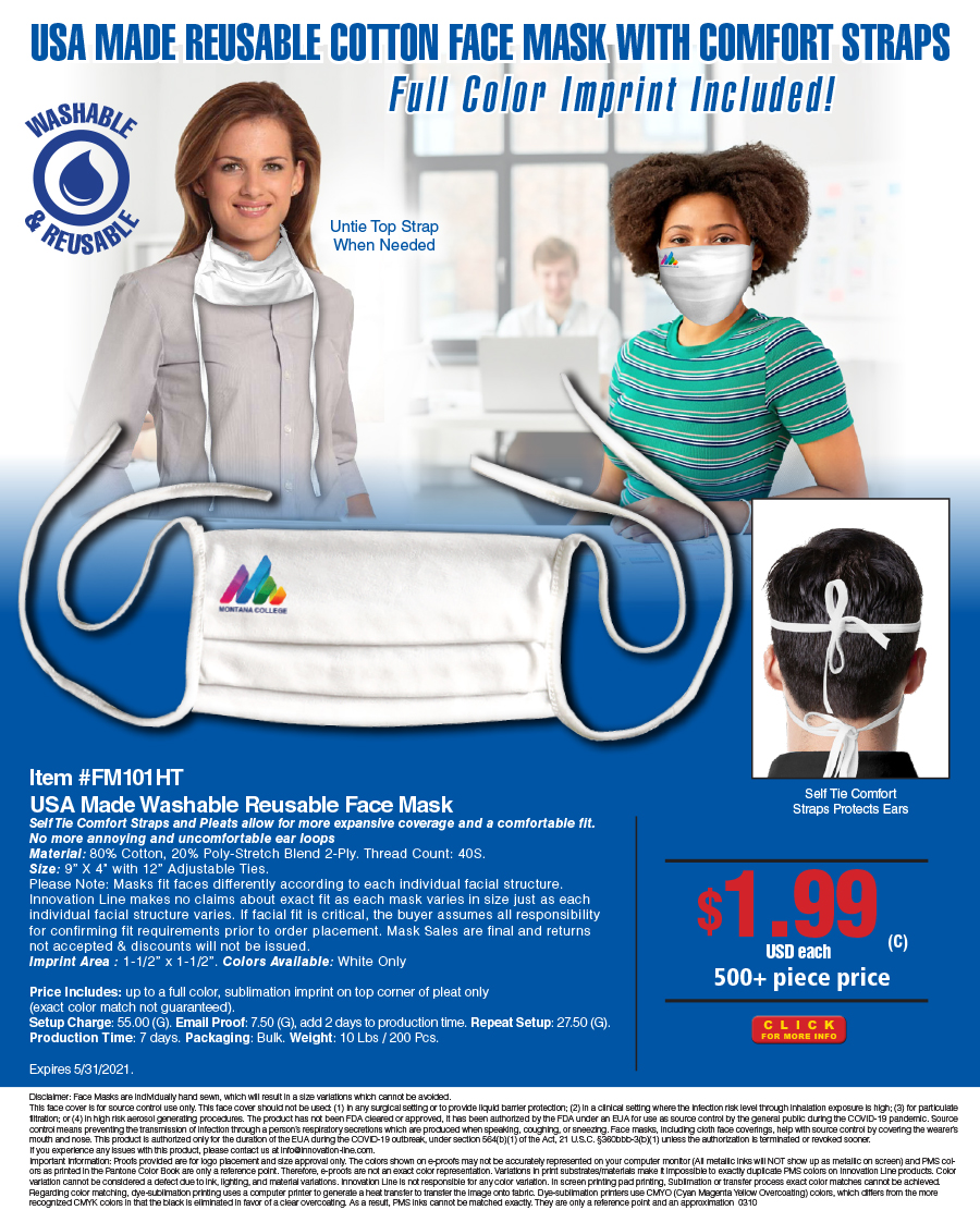 #FM101HT USA Made Washable Reusable Face Mask 