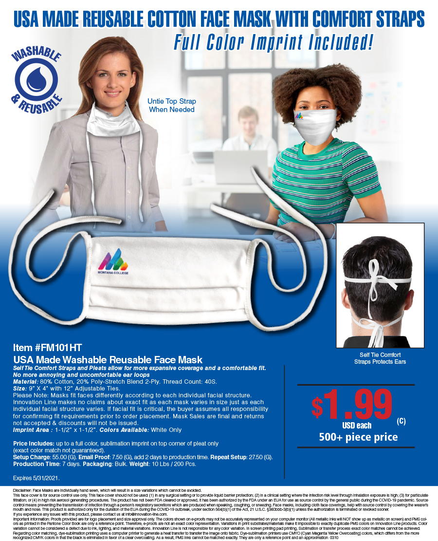 #FM101HT USA Made Washable Reusable Face Mask 