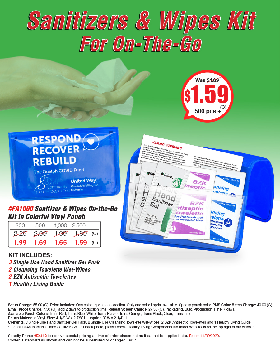 FA1000 Sanitizer & Wipes On-the-Go Kit in Colorful Vinyl Pouch
