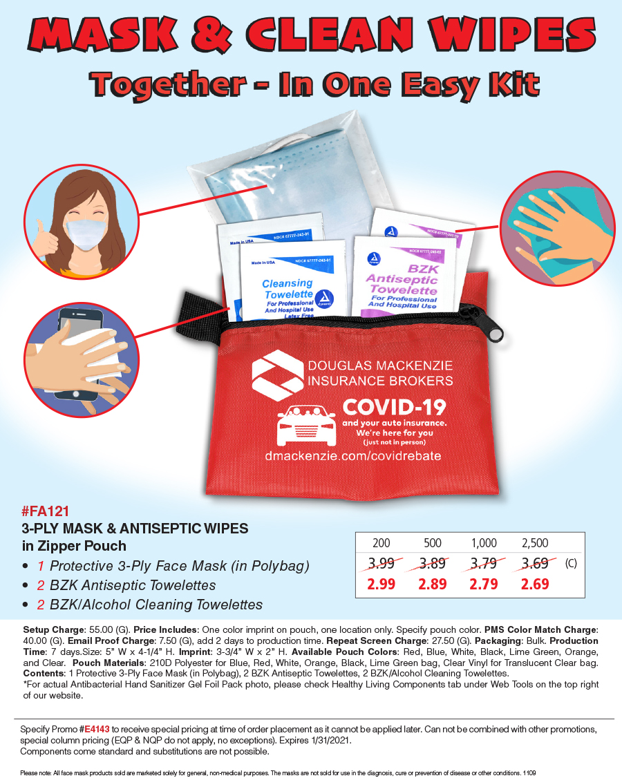 FA121 � 5 Piece Kit with 3-Ply Mask & Antiseptic Wipes in Zipper Pouch