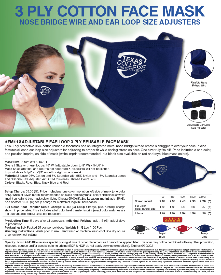 #FM112 Adjustable Ear Loop 3-Ply Reusable Face Mask