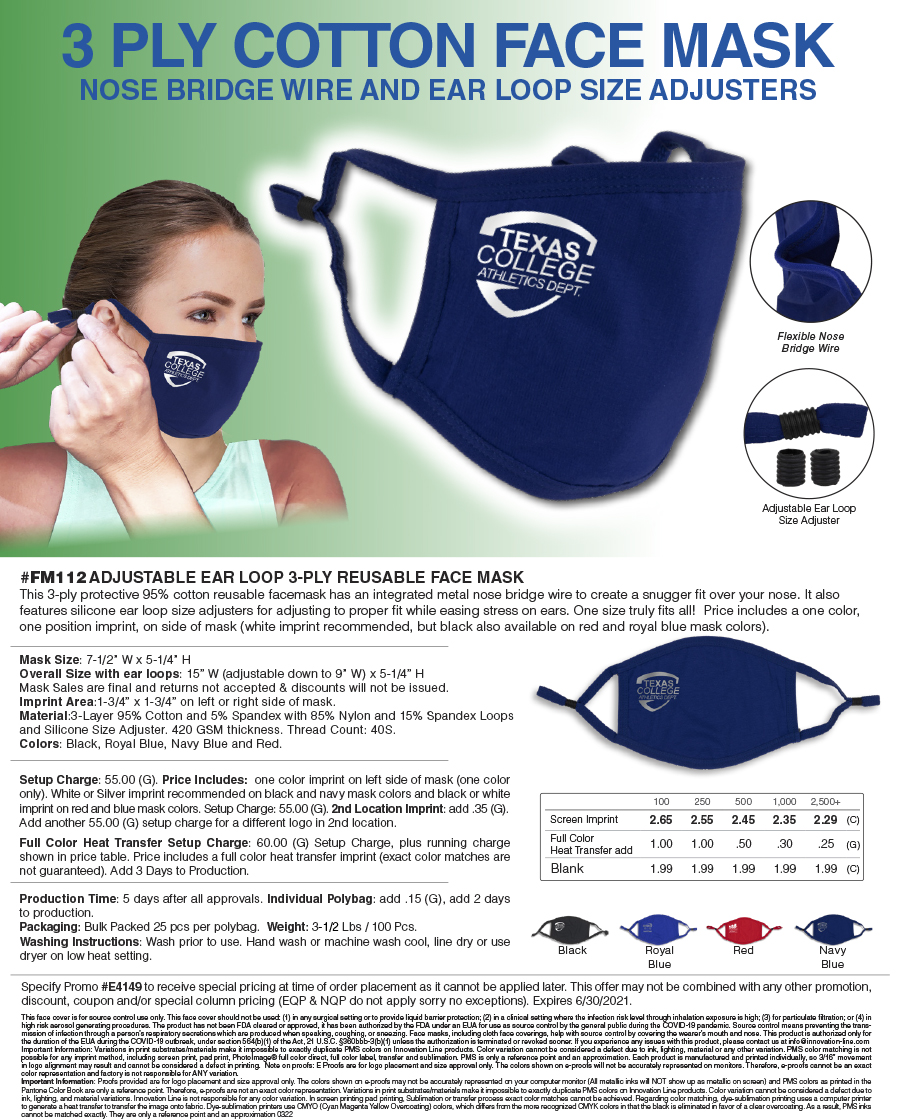 #FM112 Adjustable Ear Loop 3-Ply Reusable Face Mask