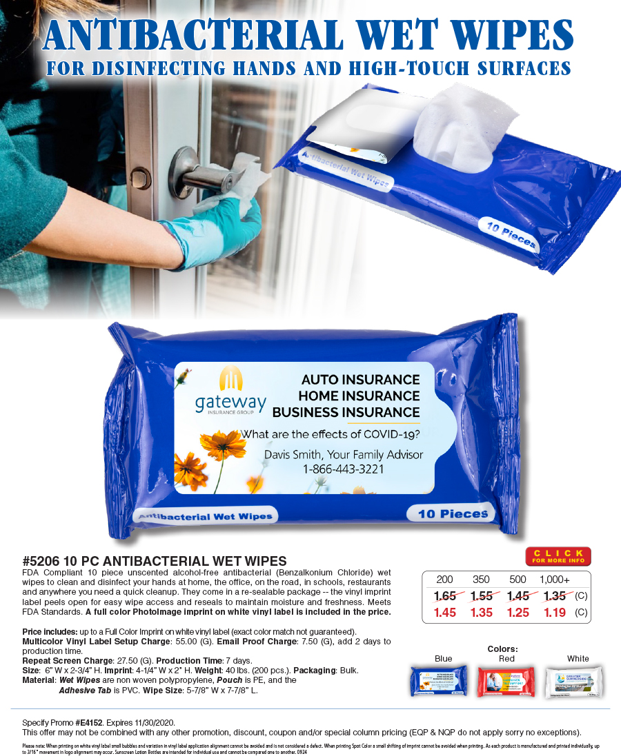 5206 10 pc Antibacterial Wet Wipes