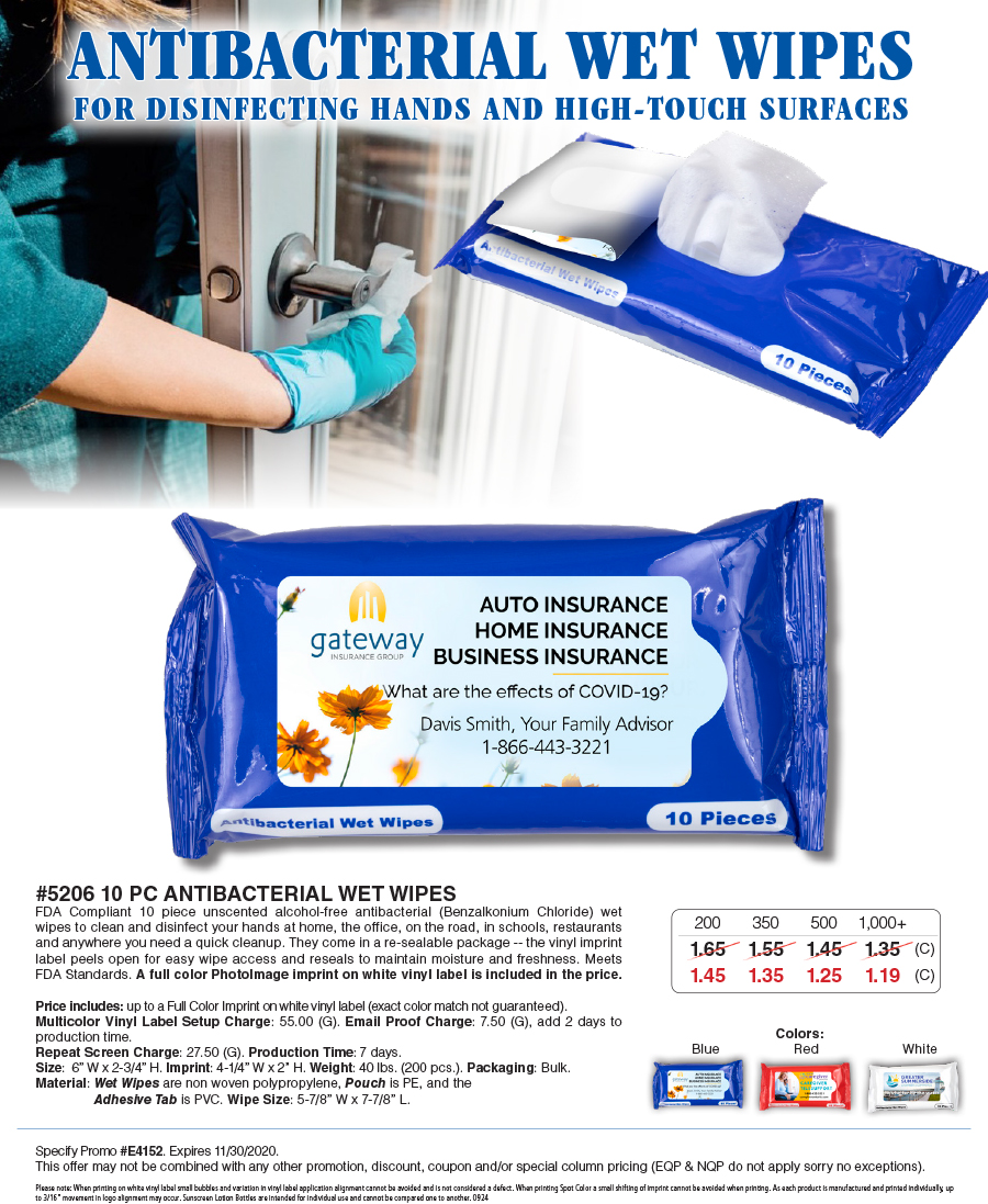 5206 10 pc Antibacterial Wet Wipes