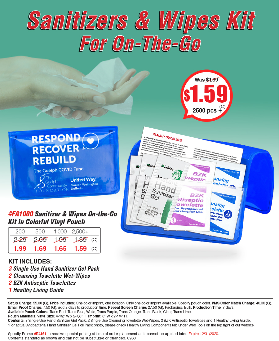 FA1000 Sanitizer & Wipes On-the-Go Kit in Colorful Vinyl Pouch
