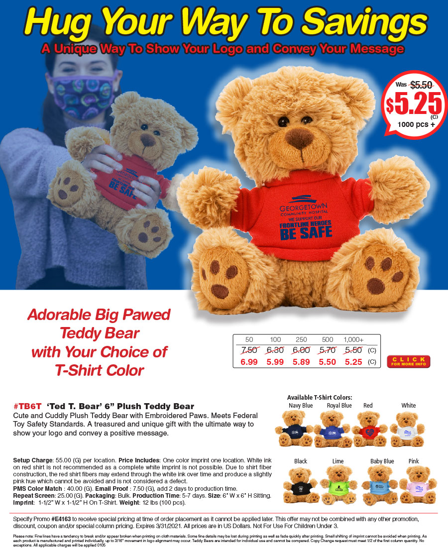 #TB6T  -Ted T. Bear- Plush Teddy Bear with Choice of T-Shirt Color