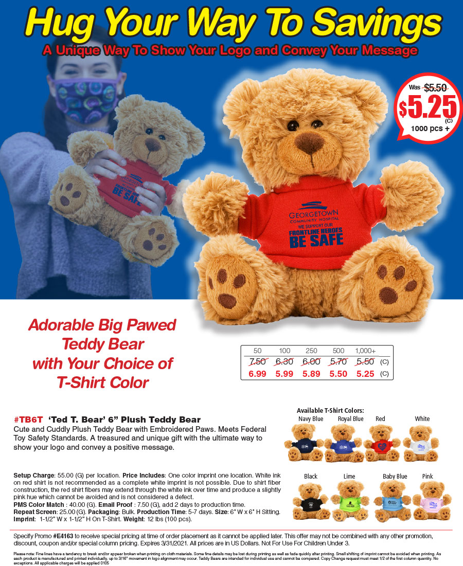 #TB6T  -Ted T. Bear- Plush Teddy Bear with Choice of T-Shirt Color