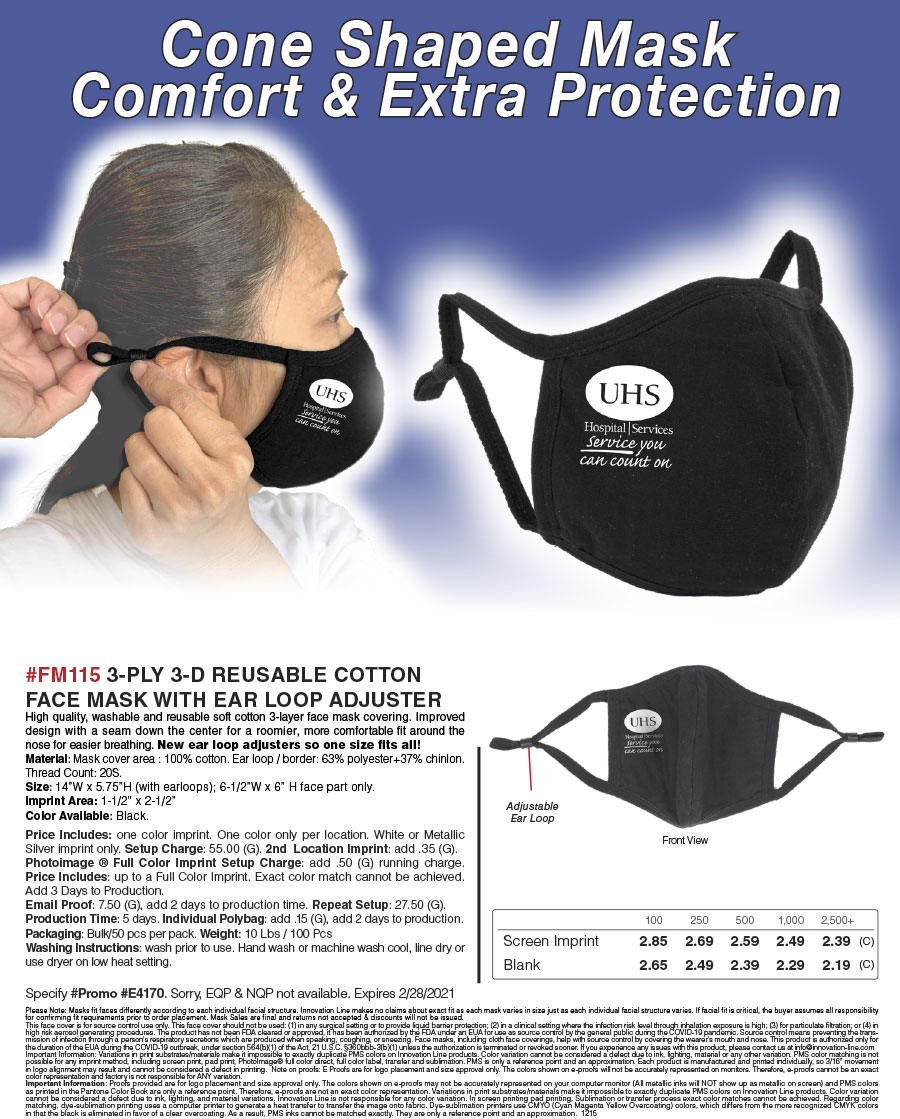 FM115 3-Ply 3-D Reusable Cotton Face Mask With Ear Loop Adjuster 
