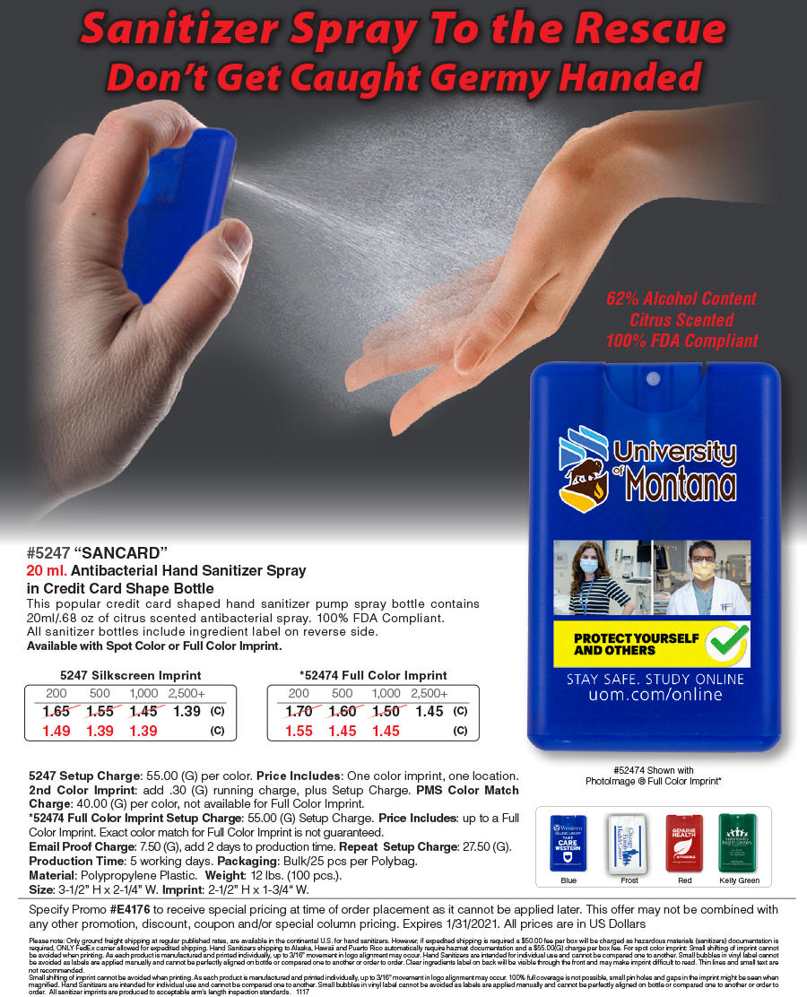 5247 52474 Antibacterial Hand Sanitizer Spray in Credit Card Shape Bottle