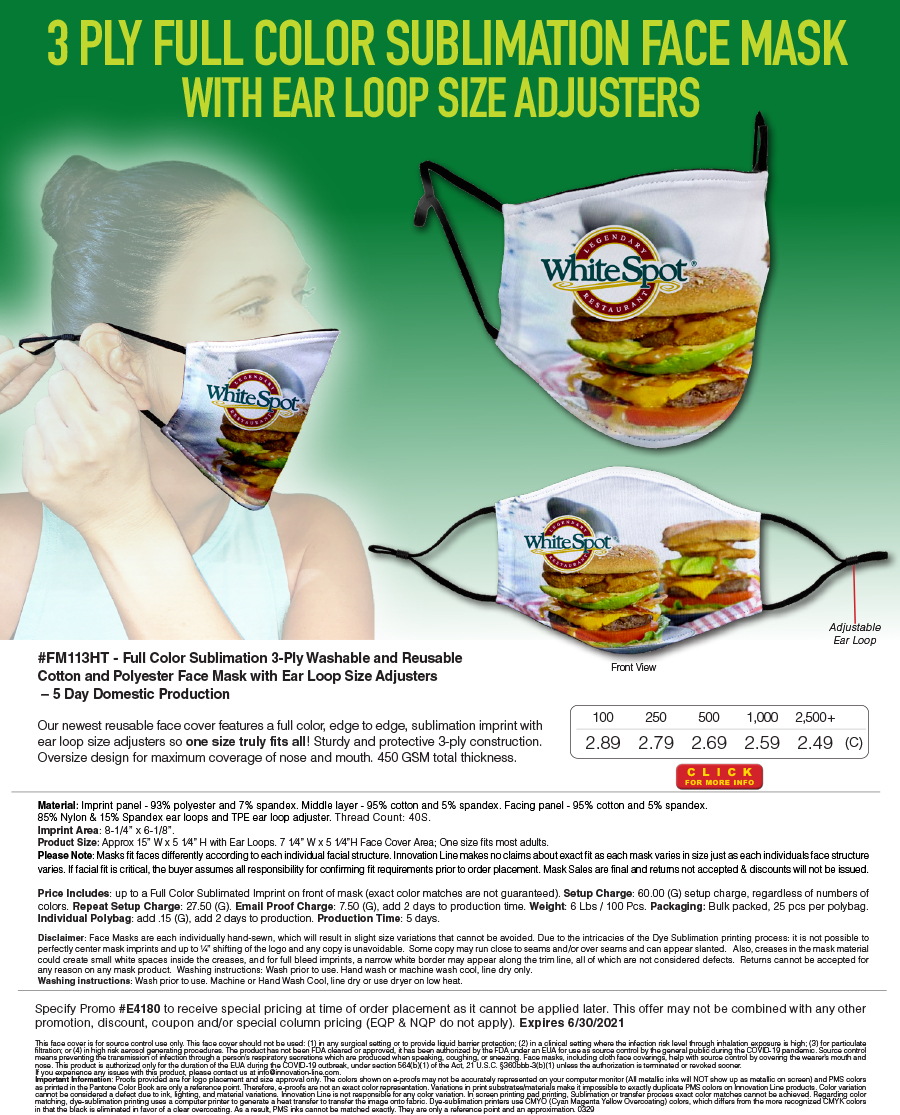 #FM113HT - Full Color Sublimation 3-Ply Washable and Reusable Cotton and Polyester Face Mask with Ear Loop Size Adjusters
