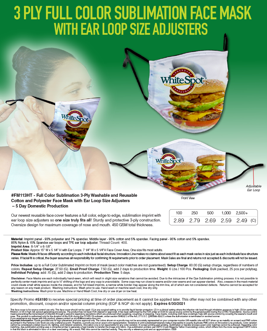 #FM113HT - Full Color Sublimation 3-Ply Washable and Reusable Cotton and Polyester Face Mask with Ear Loop Size Adjusters