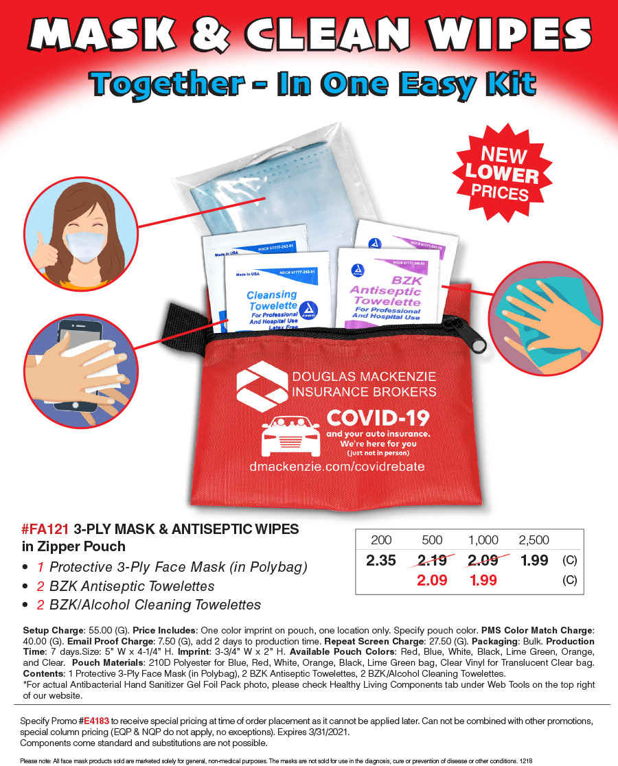 FA121 5 Piece Kit with 3Ply Mask and Antiseptic Wipes in Zipper Pouch