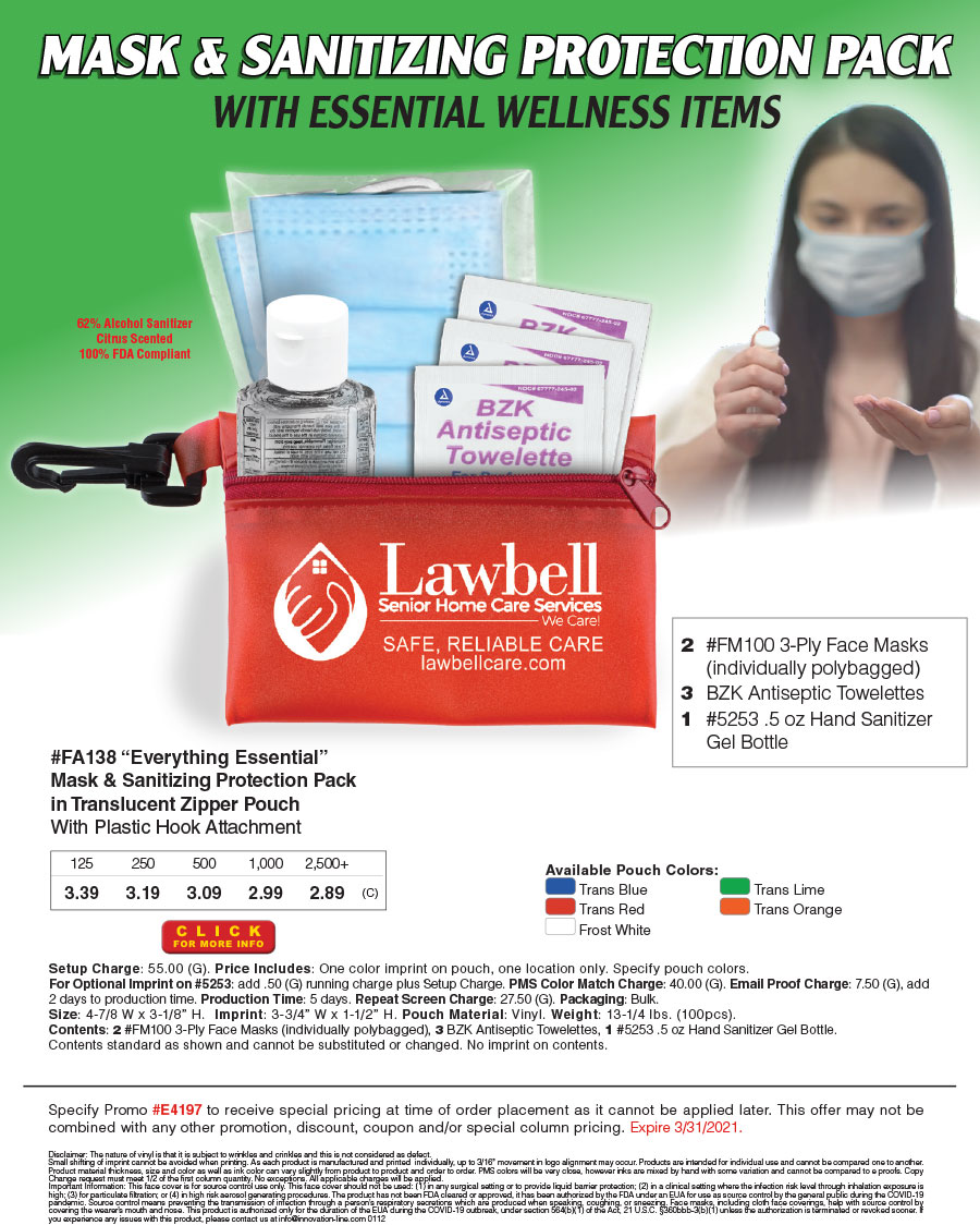 FA138  Mask and Sanitizing Protection Pack in Translucent Zipper Pouch 

