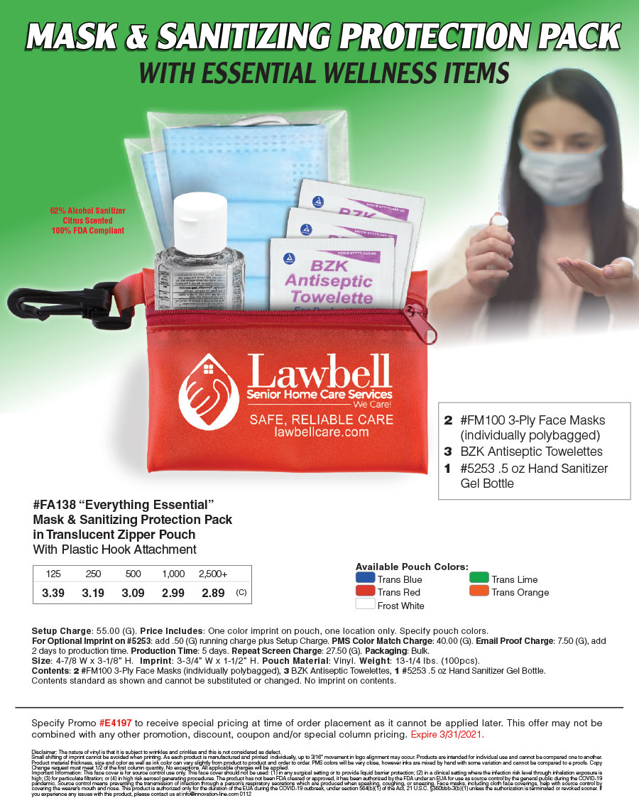 FA138  Mask and Sanitizing Protection Pack in Translucent Zipper Pouch 

