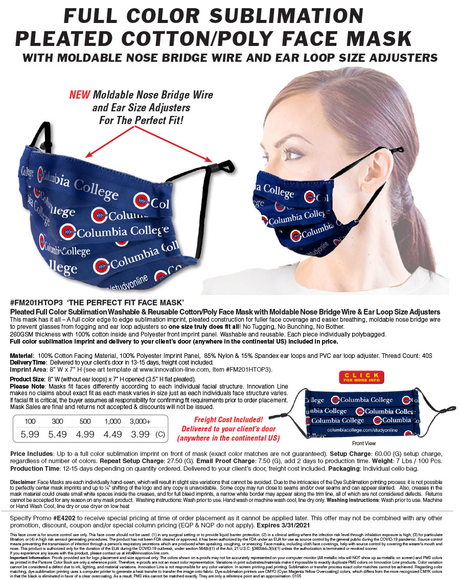 #FM201HTOP3 The Perfect Fit Face Mask - Pleated Full Color Sublimation Washable & Reusable Cotton/Poly Face Mask with Moldable Nose Bridge Wire & Ear Loop Size Adjusters
