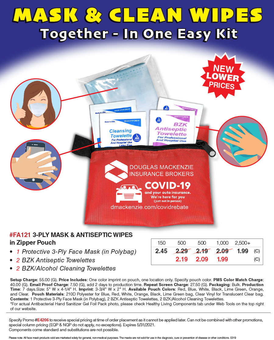 FA121 5 Piece Kit with 3Ply Mask and Antiseptic Wipes in Zipper Pouch