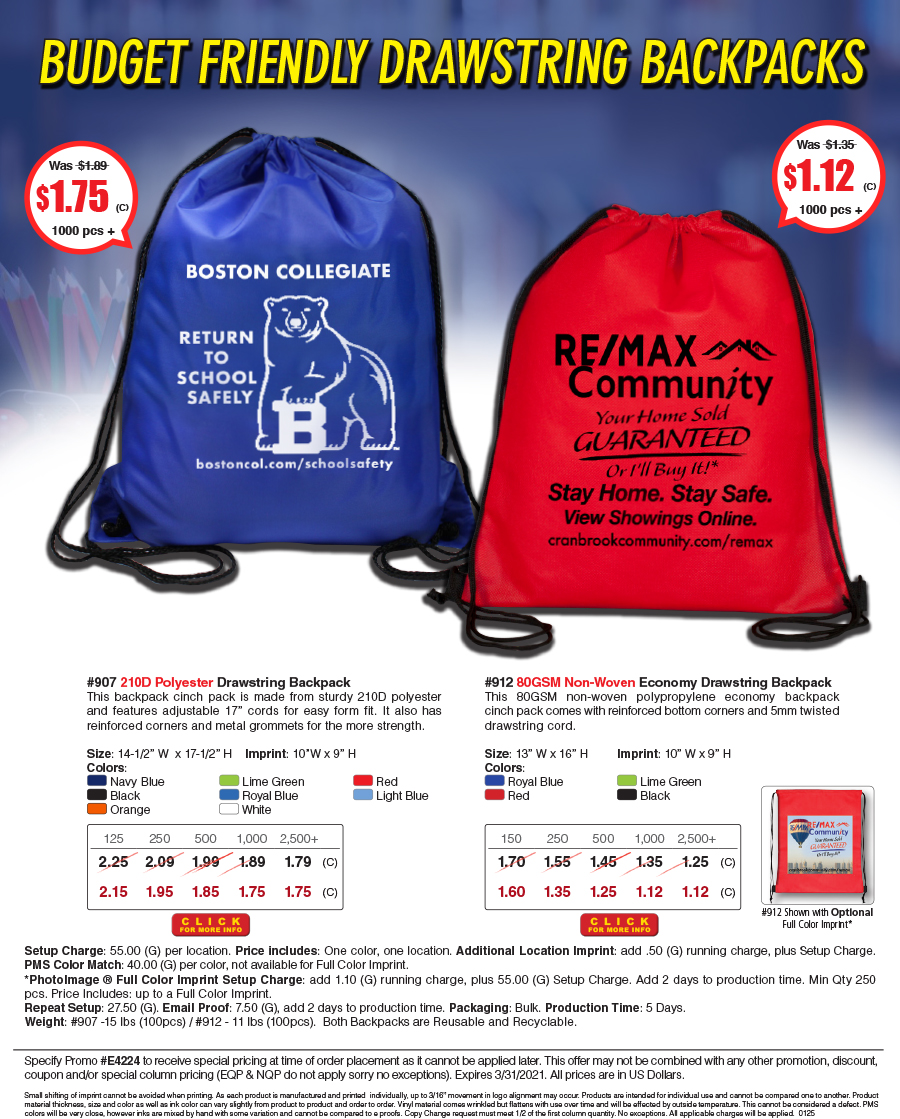 907 912 Polyester and Non-Woven Cinch Pack Backpack