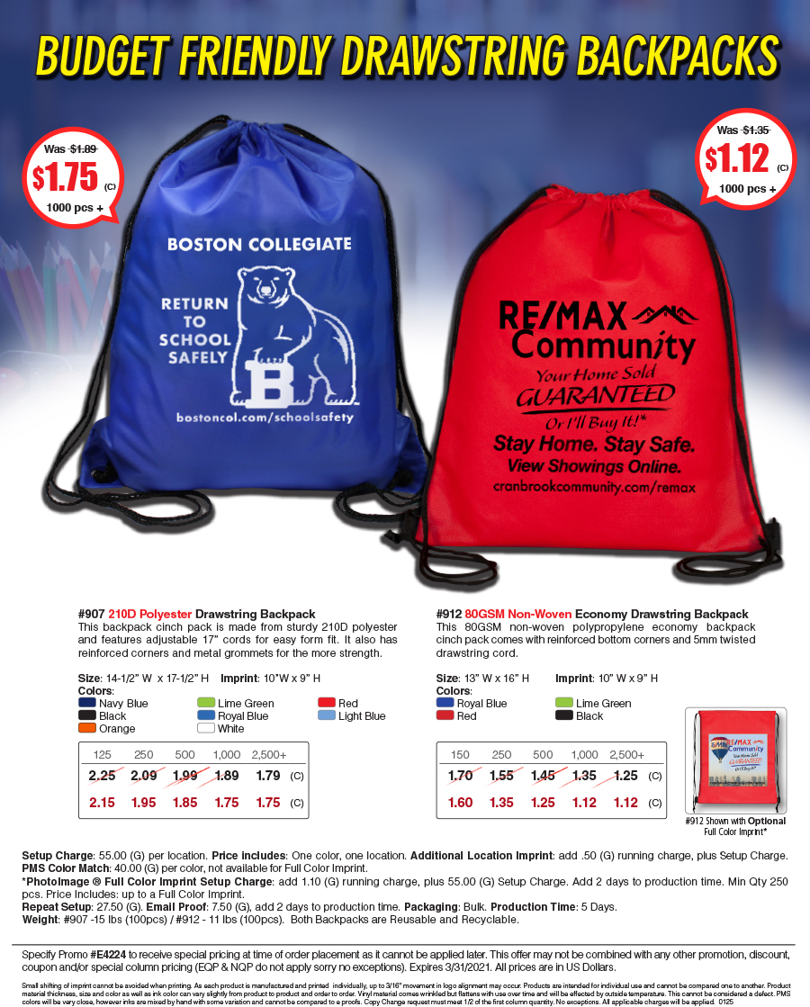 907 912 Polyester and Non-Woven Cinch Pack Backpack