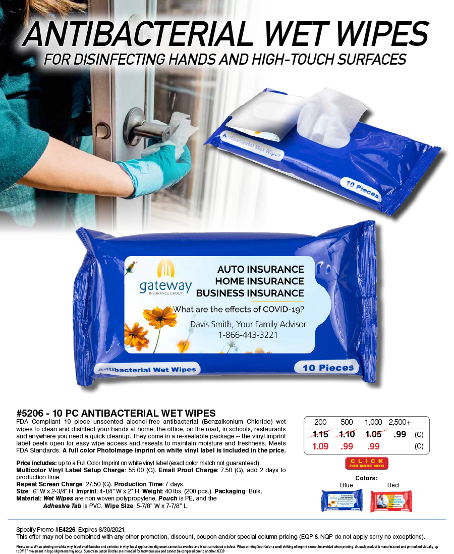 5206 10 pc Antibacterial Wet Wipes