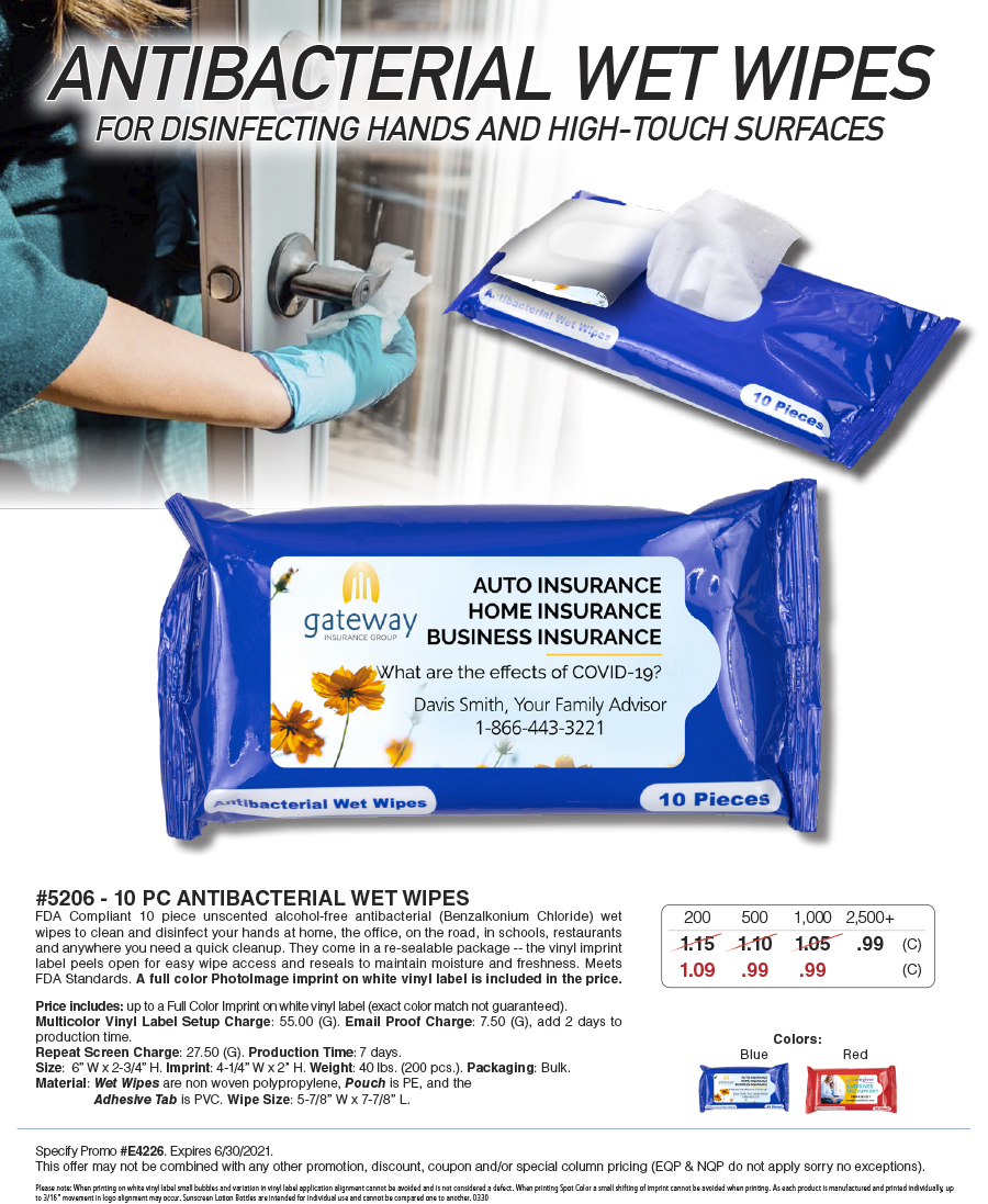 5206 10 pc Antibacterial Wet Wipes