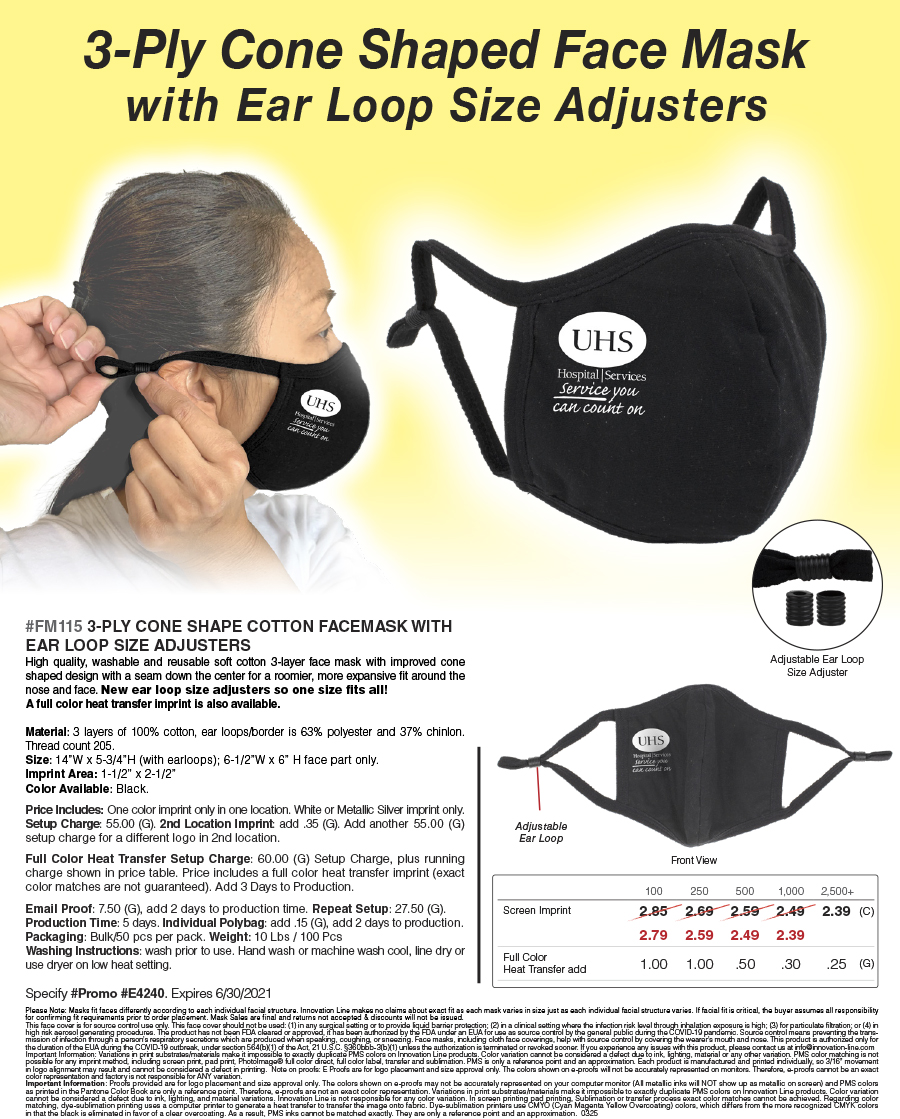 FM115 3-Ply 3-D Reusable Cotton Face Mask With Ear Loop Adjuster 
