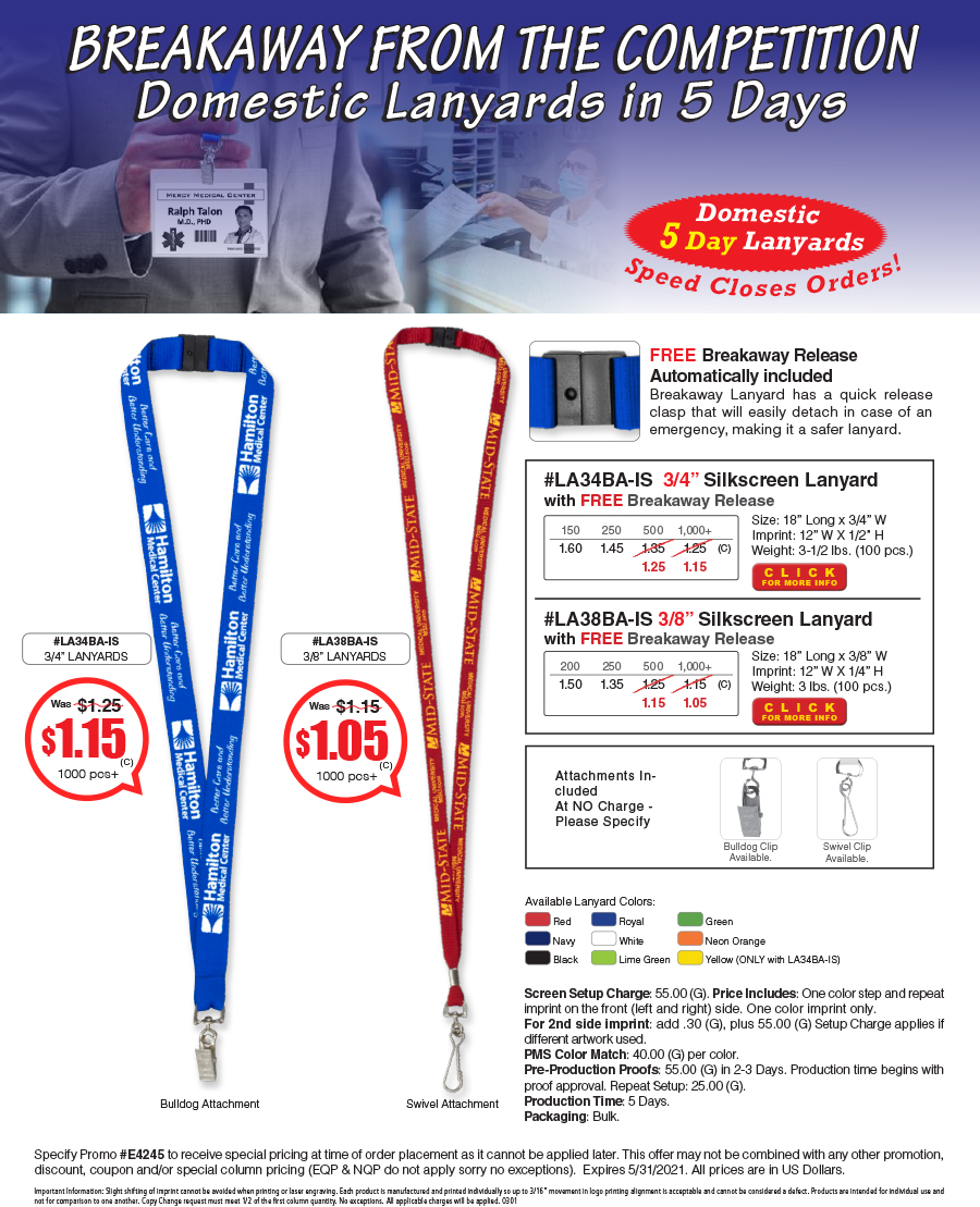 #LA38BA-IS 3/8� Silkscreen Lanyard with FREE Breakaway Release - #LA34BA-IS 3/4� Silkscreen Lanyard with FREE Breakaway Release