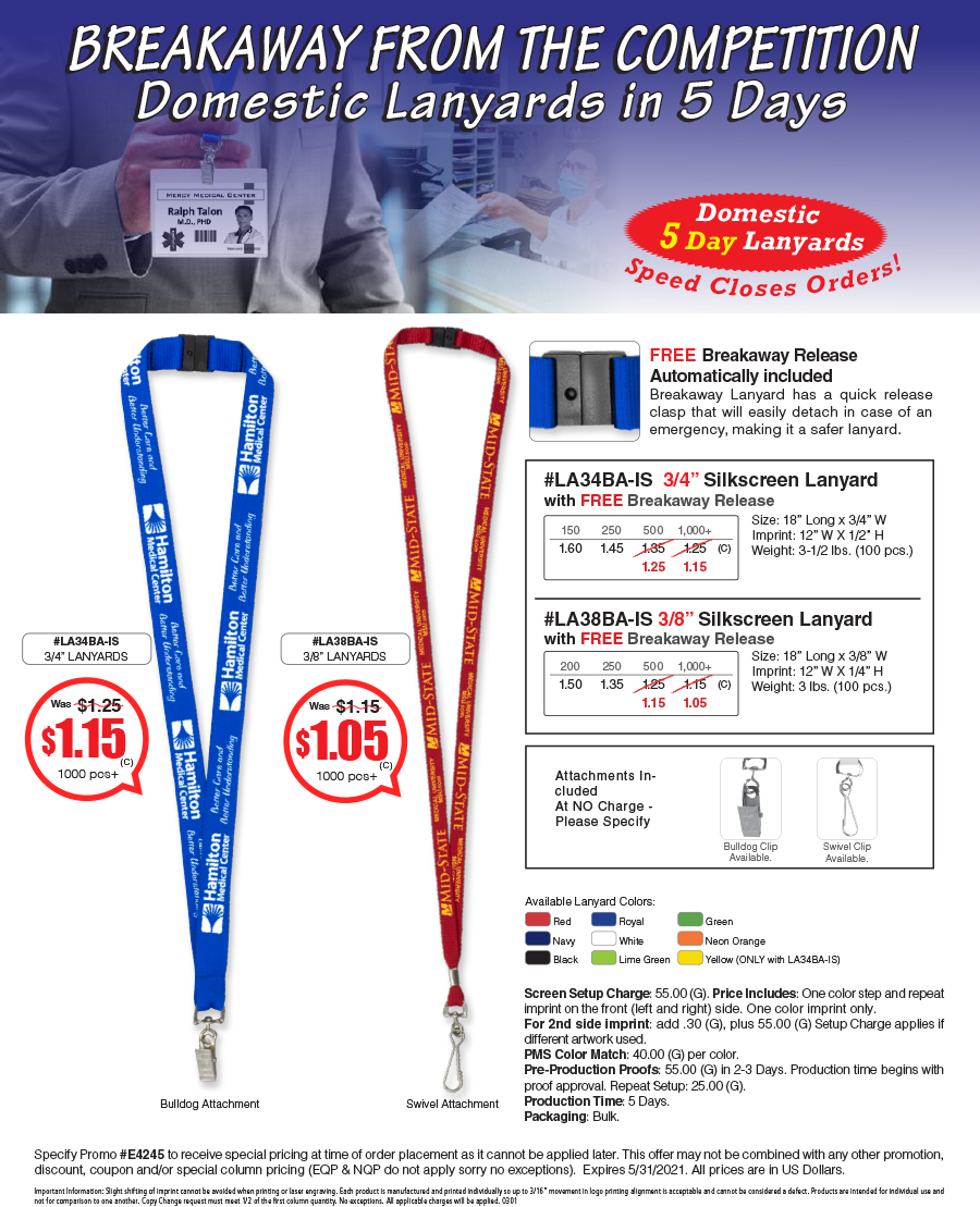 #LA38BA-IS 3/8� Silkscreen Lanyard with FREE Breakaway Release - #LA34BA-IS 3/4� Silkscreen Lanyard with FREE Breakaway Release